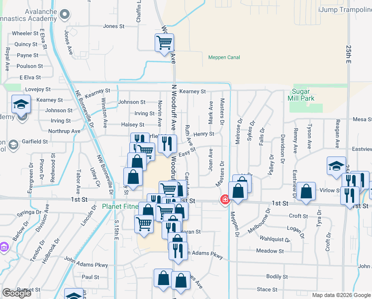 map of restaurants, bars, coffee shops, grocery stores, and more near 1811 Caribou Street in Idaho Falls