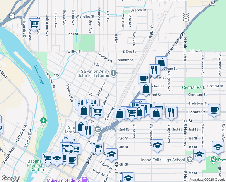 map of restaurants, bars, coffee shops, grocery stores, and more near 1350 Lake Avenue in Idaho Falls