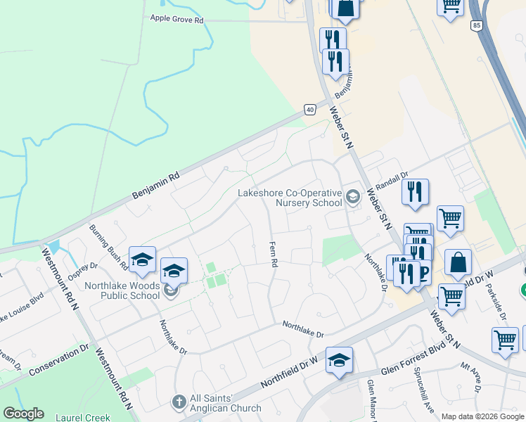 map of restaurants, bars, coffee shops, grocery stores, and more near 666 Fern Road in Waterloo