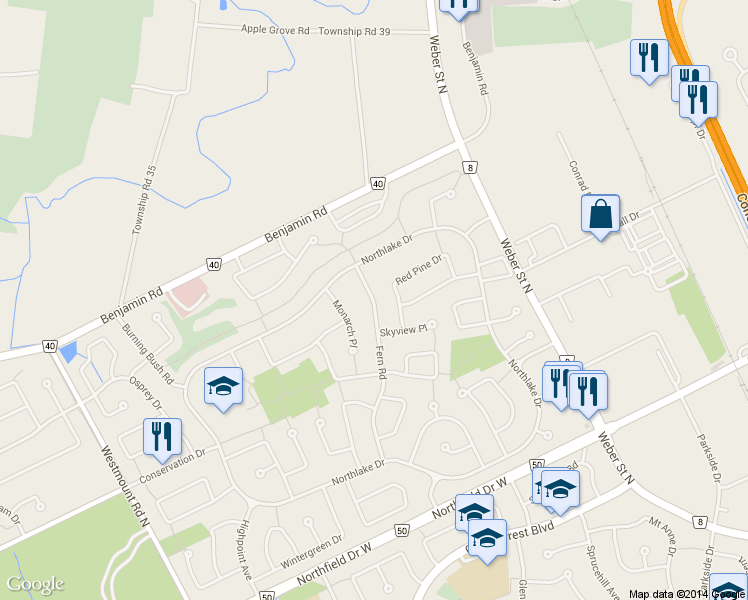 map of restaurants, bars, coffee shops, grocery stores, and more near 666 Fern Road in Waterloo