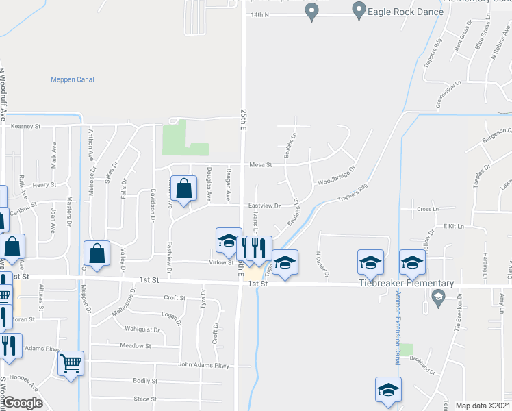 map of restaurants, bars, coffee shops, grocery stores, and more near 2500 Eastview Drive in Idaho Falls