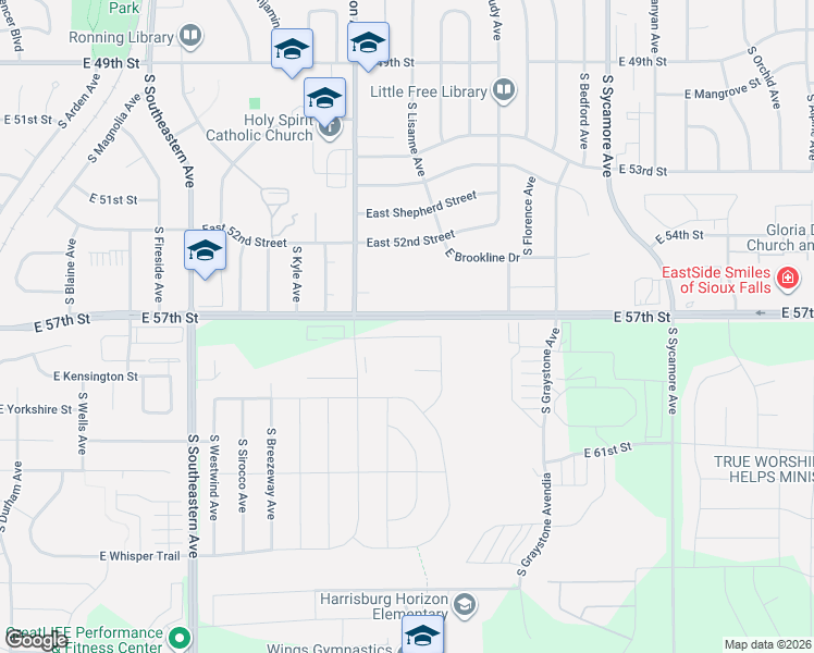 map of restaurants, bars, coffee shops, grocery stores, and more near 47643 East 57th Street in Sioux Falls