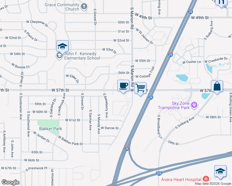 map of restaurants, bars, coffee shops, grocery stores, and more near 5409 West 57th Street in Sioux Falls