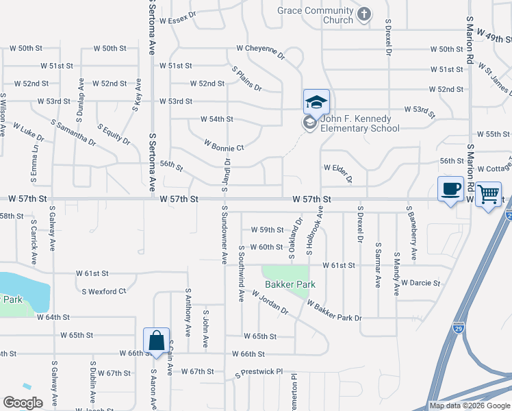 map of restaurants, bars, coffee shops, grocery stores, and more near 6220 West 58th Street in Sioux Falls