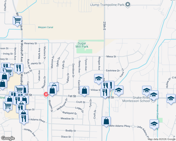 map of restaurants, bars, coffee shops, grocery stores, and more near 2367 Eastview Drive in Idaho Falls