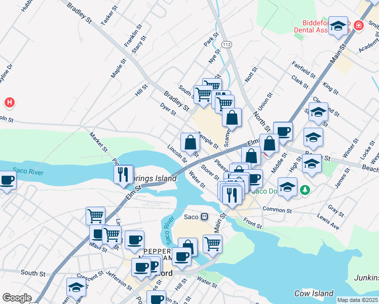 map of restaurants, bars, coffee shops, grocery stores, and more near 22-24 Green Street in Saco