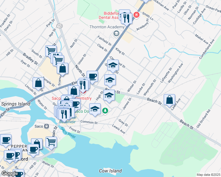 map of restaurants, bars, coffee shops, grocery stores, and more near 60 Beach Street in Saco