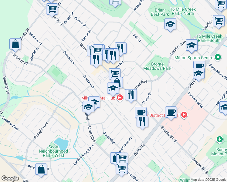 map of restaurants, bars, coffee shops, grocery stores, and more near in Milton