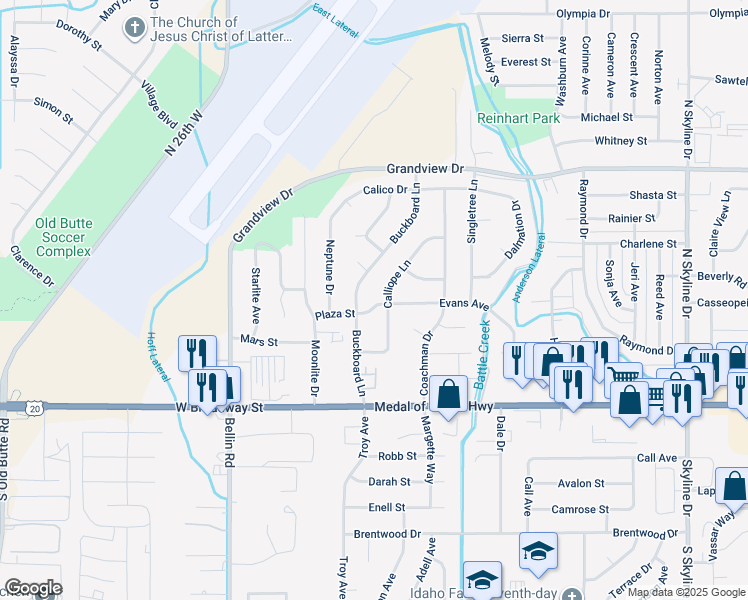 map of restaurants, bars, coffee shops, grocery stores, and more near 2290 Evans Avenue in Idaho Falls