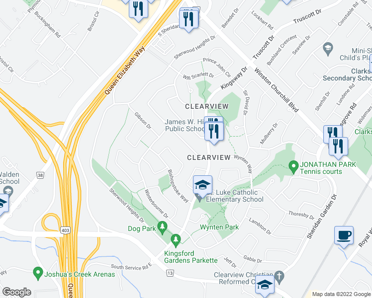 map of restaurants, bars, coffee shops, grocery stores, and more near 1344 Clearview Drive in Oakville