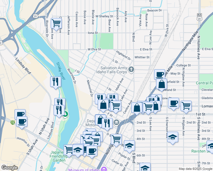 map of restaurants, bars, coffee shops, grocery stores, and more near 1205 Canal Avenue in Idaho Falls