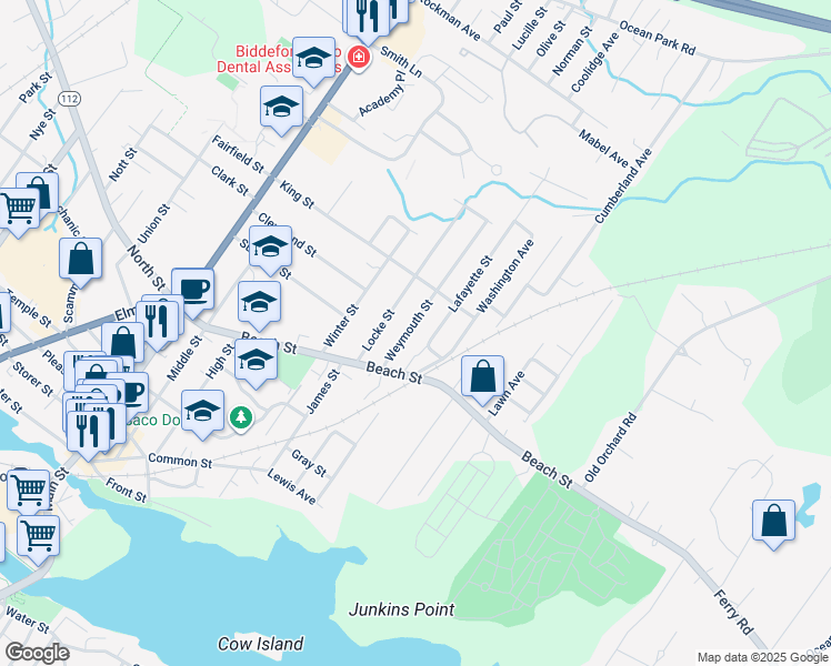 map of restaurants, bars, coffee shops, grocery stores, and more near 15 Weymouth Street in Saco