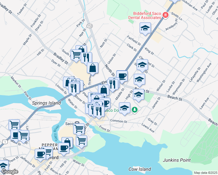 map of restaurants, bars, coffee shops, grocery stores, and more near 9 Cross St in Saco
