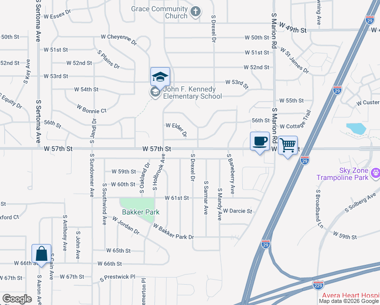 map of restaurants, bars, coffee shops, grocery stores, and more near 5001 South Drexel Drive in Sioux Falls