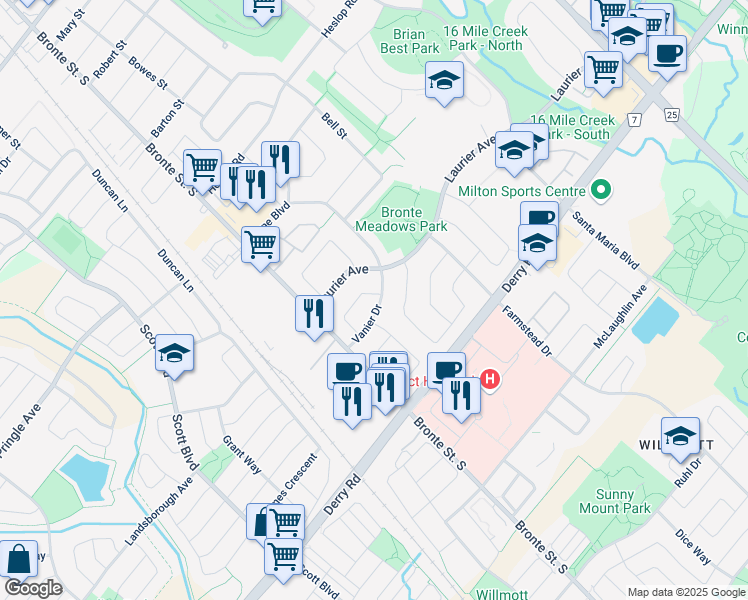 map of restaurants, bars, coffee shops, grocery stores, and more near in Milton