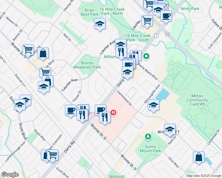 map of restaurants, bars, coffee shops, grocery stores, and more near 586 Farmstead Drive in Milton