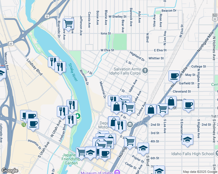 map of restaurants, bars, coffee shops, grocery stores, and more near 1175 Sage Avenue in Idaho Falls