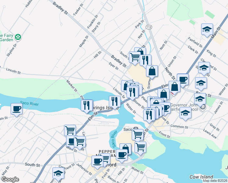 map of restaurants, bars, coffee shops, grocery stores, and more near 44 Lincoln Street in Saco