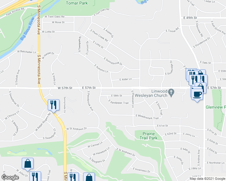 map of restaurants, bars, coffee shops, grocery stores, and more near 503 East 57th Street in Sioux Falls