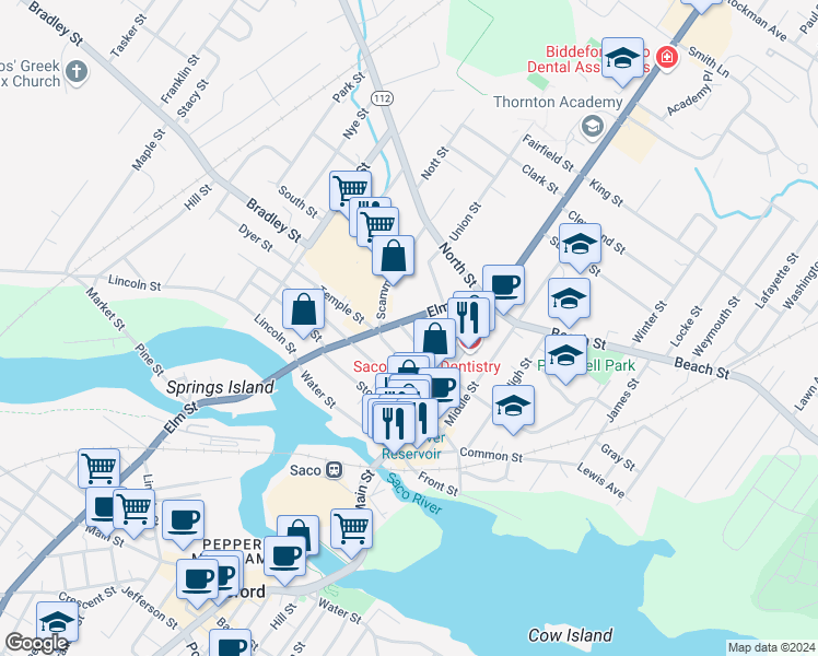 map of restaurants, bars, coffee shops, grocery stores, and more near 77 Elm Street in Saco
