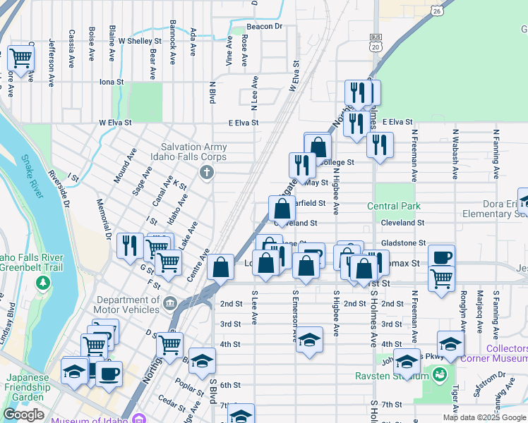 map of restaurants, bars, coffee shops, grocery stores, and more near 455 Northgate Mile in Idaho Falls