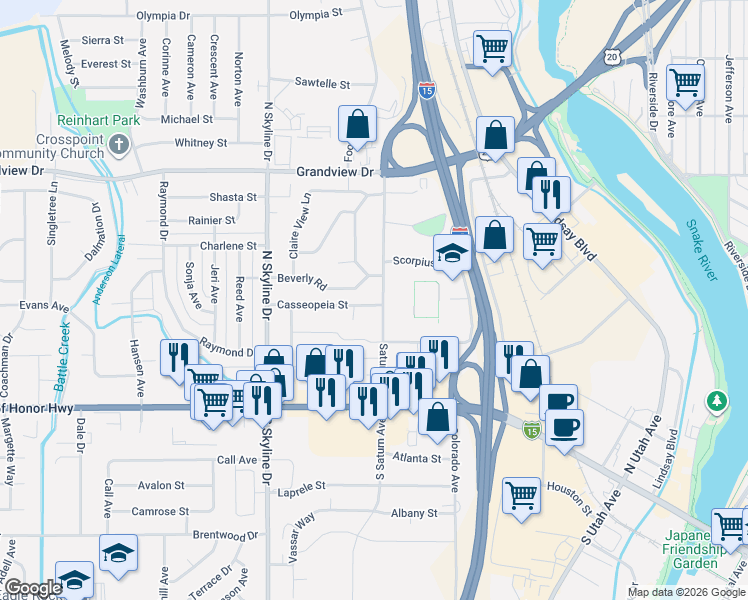 map of restaurants, bars, coffee shops, grocery stores, and more near 801 Saturn Avenue in Idaho Falls