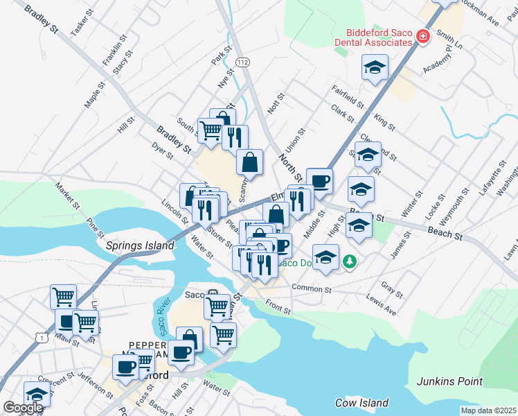 map of restaurants, bars, coffee shops, grocery stores, and more near 29 Cutts Avenue in Saco