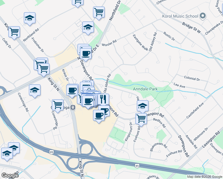 map of restaurants, bars, coffee shops, grocery stores, and more near 575 Hallmark Drive in Waterloo
