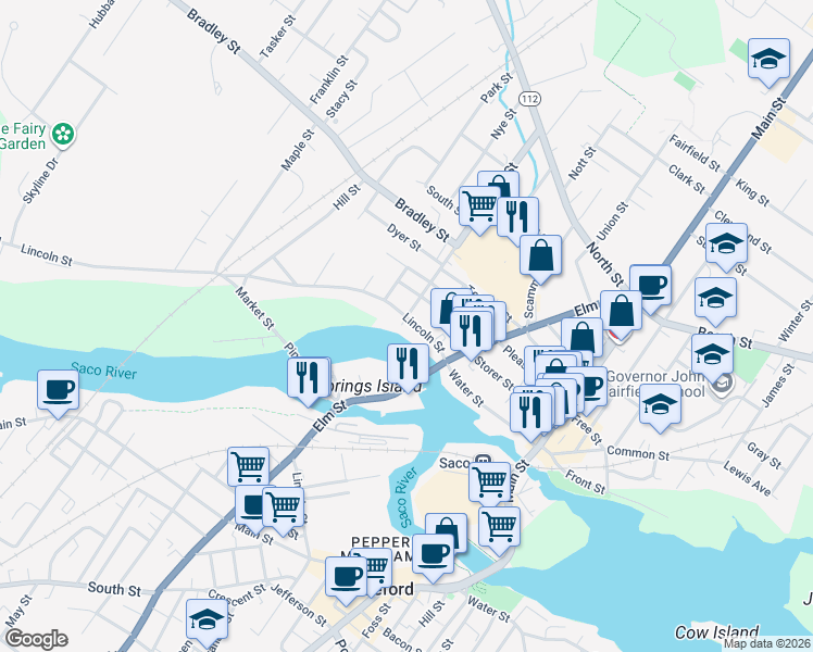 map of restaurants, bars, coffee shops, grocery stores, and more near 44 Lincoln Street in Saco