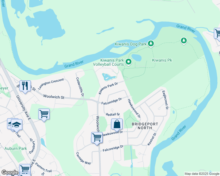 map of restaurants, bars, coffee shops, grocery stores, and more near 555 Kiwanis Park Drive in Kitchener