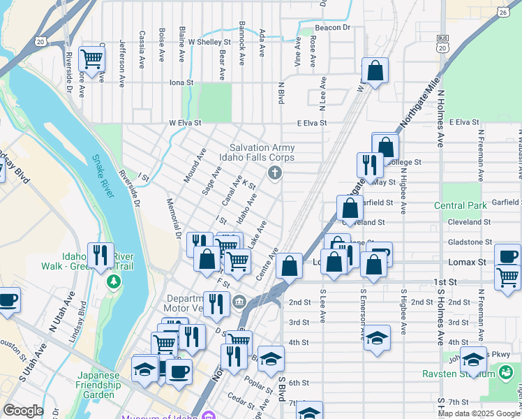 map of restaurants, bars, coffee shops, grocery stores, and more near 340 J St in Idaho Falls