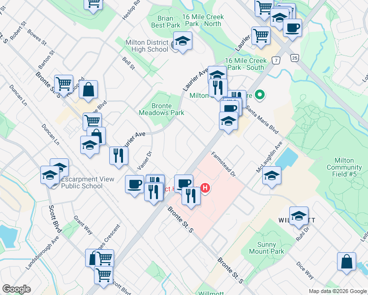 map of restaurants, bars, coffee shops, grocery stores, and more near 747 Roseheath Drive in Milton