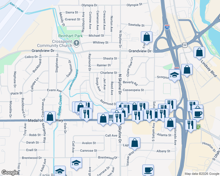 map of restaurants, bars, coffee shops, grocery stores, and more near 790 Jeri Avenue in Idaho Falls