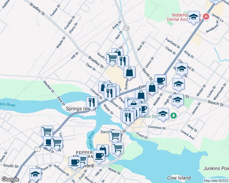 map of restaurants, bars, coffee shops, grocery stores, and more near 93 Pleasant Street in Saco
