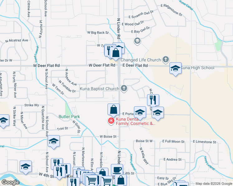 map of restaurants, bars, coffee shops, grocery stores, and more near 143 W John Deere St in Kuna