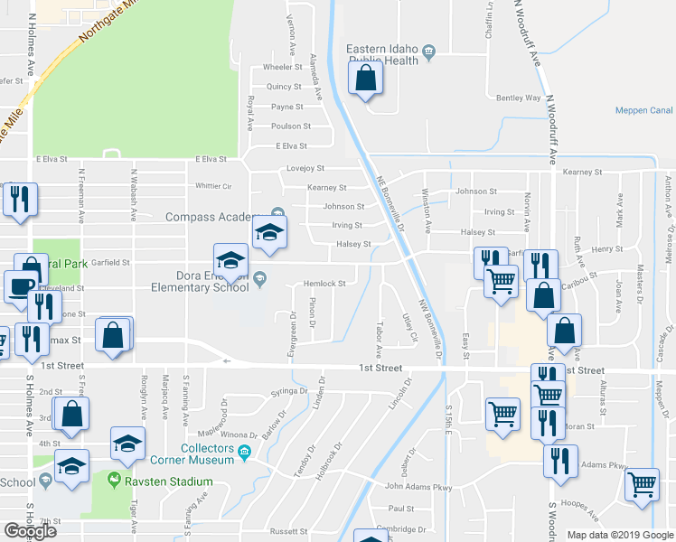 map of restaurants, bars, coffee shops, grocery stores, and more near 1105 Hemlock Street in Idaho Falls