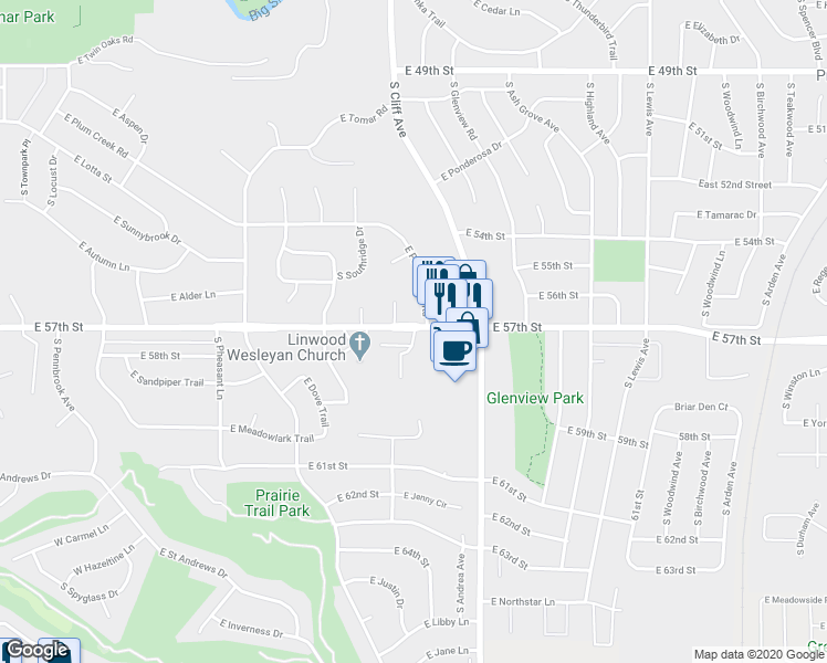 map of restaurants, bars, coffee shops, grocery stores, and more near 4901 East 57th Street in Sioux Falls