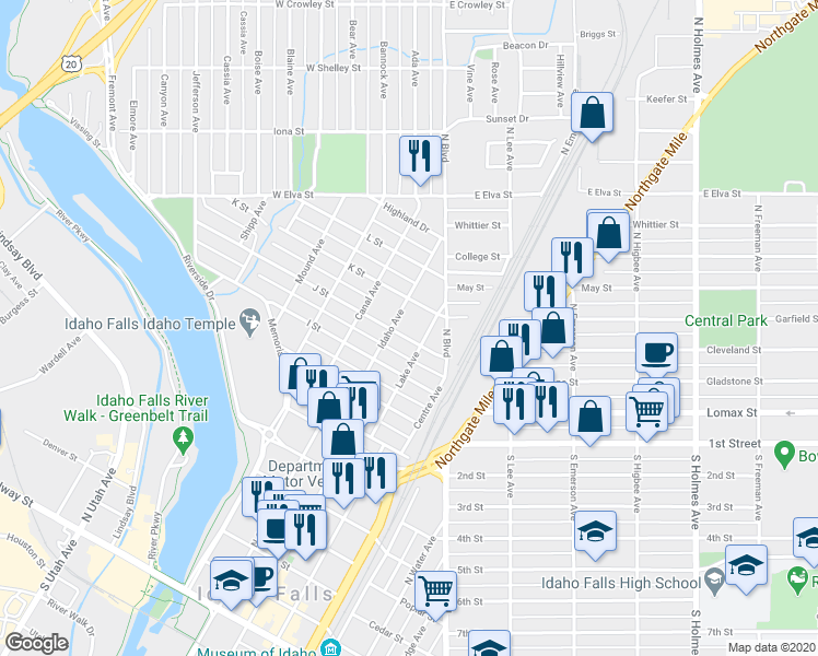 map of restaurants, bars, coffee shops, grocery stores, and more near 350 J Street in Idaho Falls
