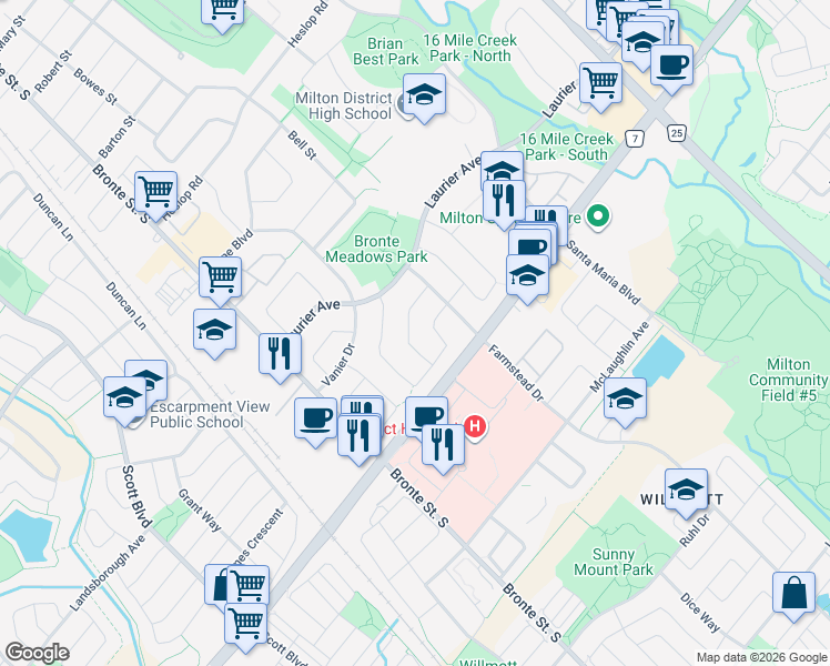 map of restaurants, bars, coffee shops, grocery stores, and more near 747 Roseheath Drive in Milton