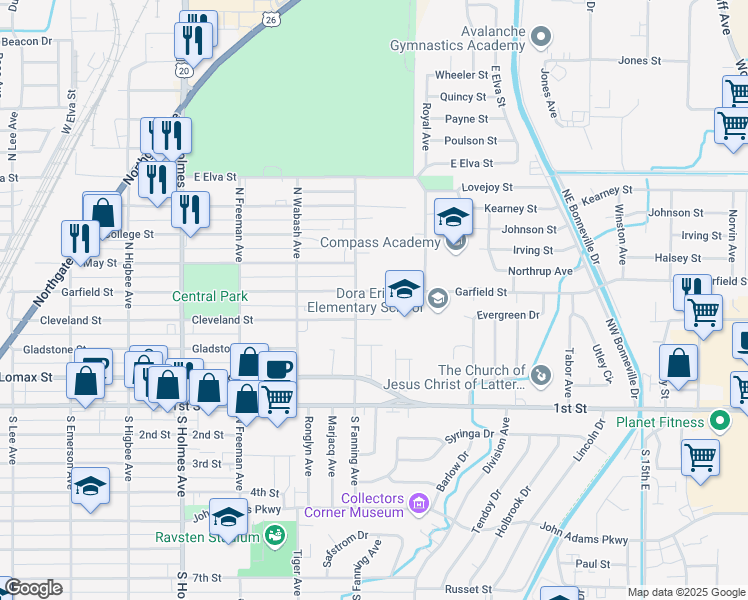 map of restaurants, bars, coffee shops, grocery stores, and more near 845 Cleveland Street in Idaho Falls