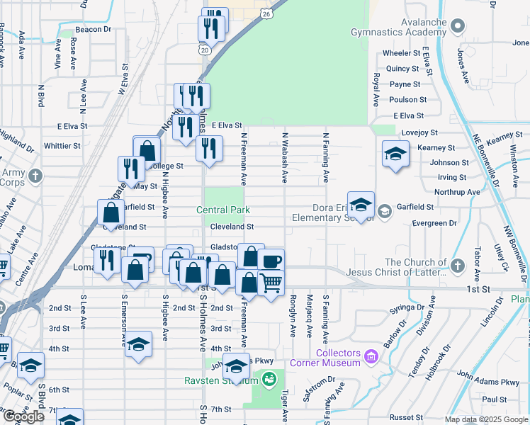 map of restaurants, bars, coffee shops, grocery stores, and more near 653 Cleveland Street in Idaho Falls
