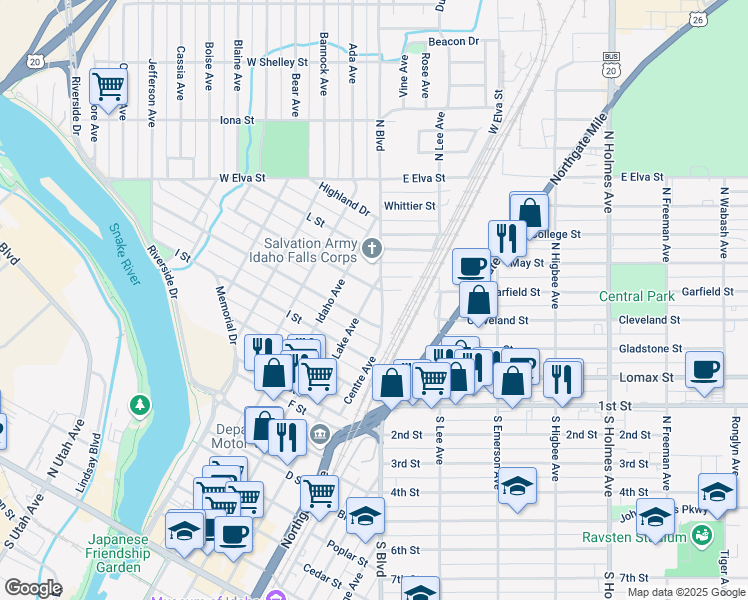 map of restaurants, bars, coffee shops, grocery stores, and more near 1370 Lake Avenue in Idaho Falls