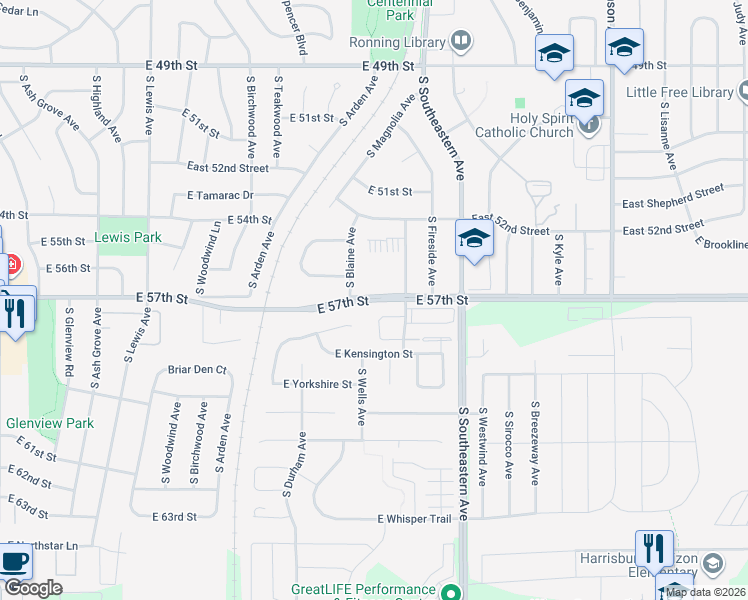 map of restaurants, bars, coffee shops, grocery stores, and more near 47579 East 57th Street in Sioux Falls