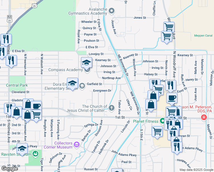 map of restaurants, bars, coffee shops, grocery stores, and more near 1110 Garfield Street in Idaho Falls
