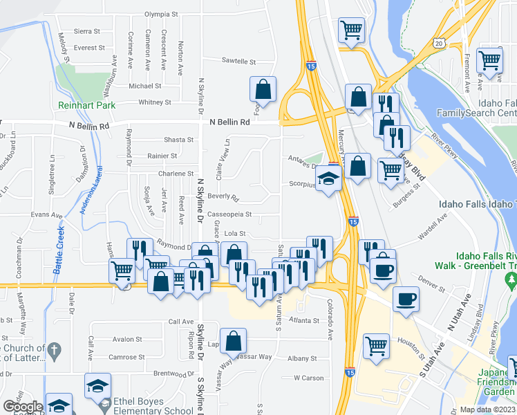 map of restaurants, bars, coffee shops, grocery stores, and more near 1517 Beverly Road in Idaho Falls