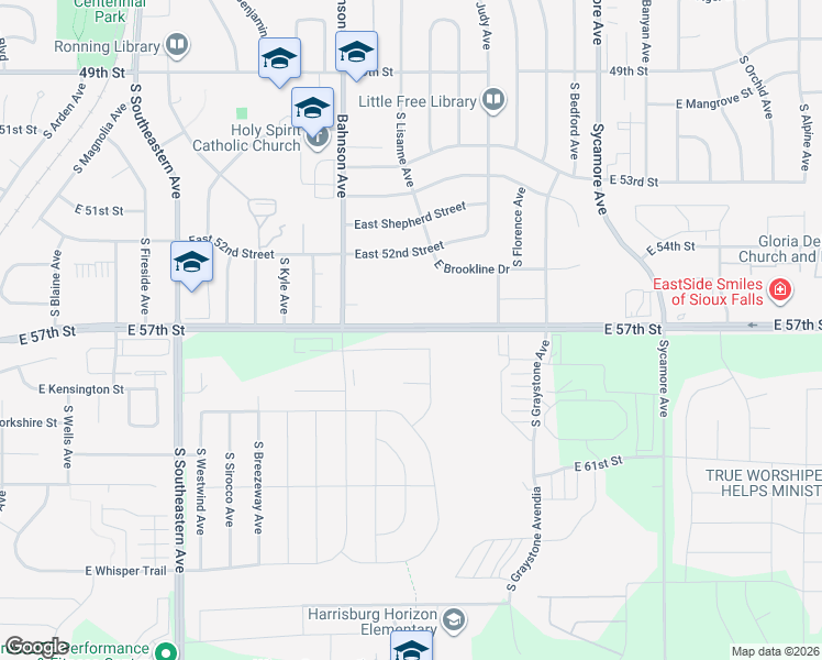map of restaurants, bars, coffee shops, grocery stores, and more near 47647 East 57th Street in Harrisburg