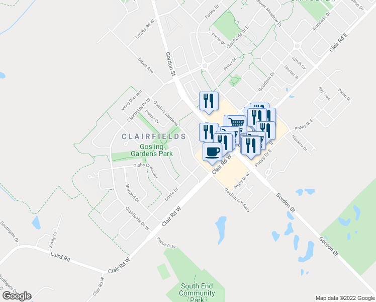 map of restaurants, bars, coffee shops, grocery stores, and more near 121 Gosling Gardens in Guelph