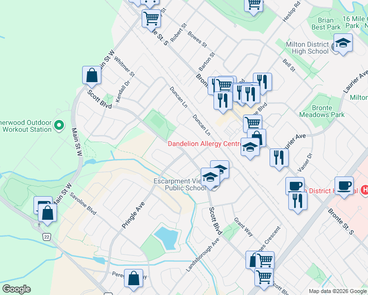 map of restaurants, bars, coffee shops, grocery stores, and more near 265 Scott Boulevard in Milton