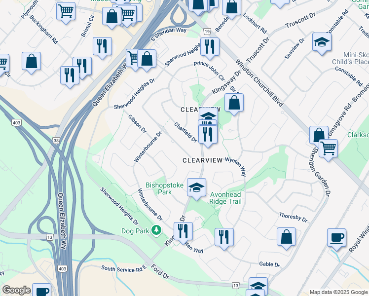 map of restaurants, bars, coffee shops, grocery stores, and more near 1344 Clearview Drive in Oakville