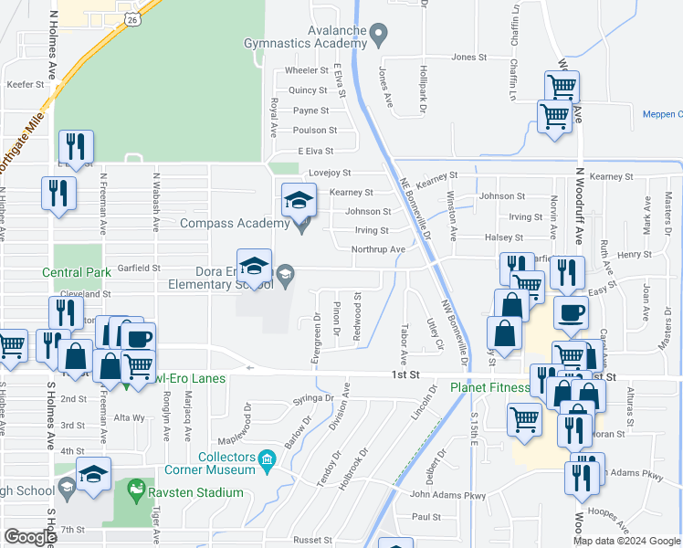 map of restaurants, bars, coffee shops, grocery stores, and more near 1105 Hemlock Street in Idaho Falls